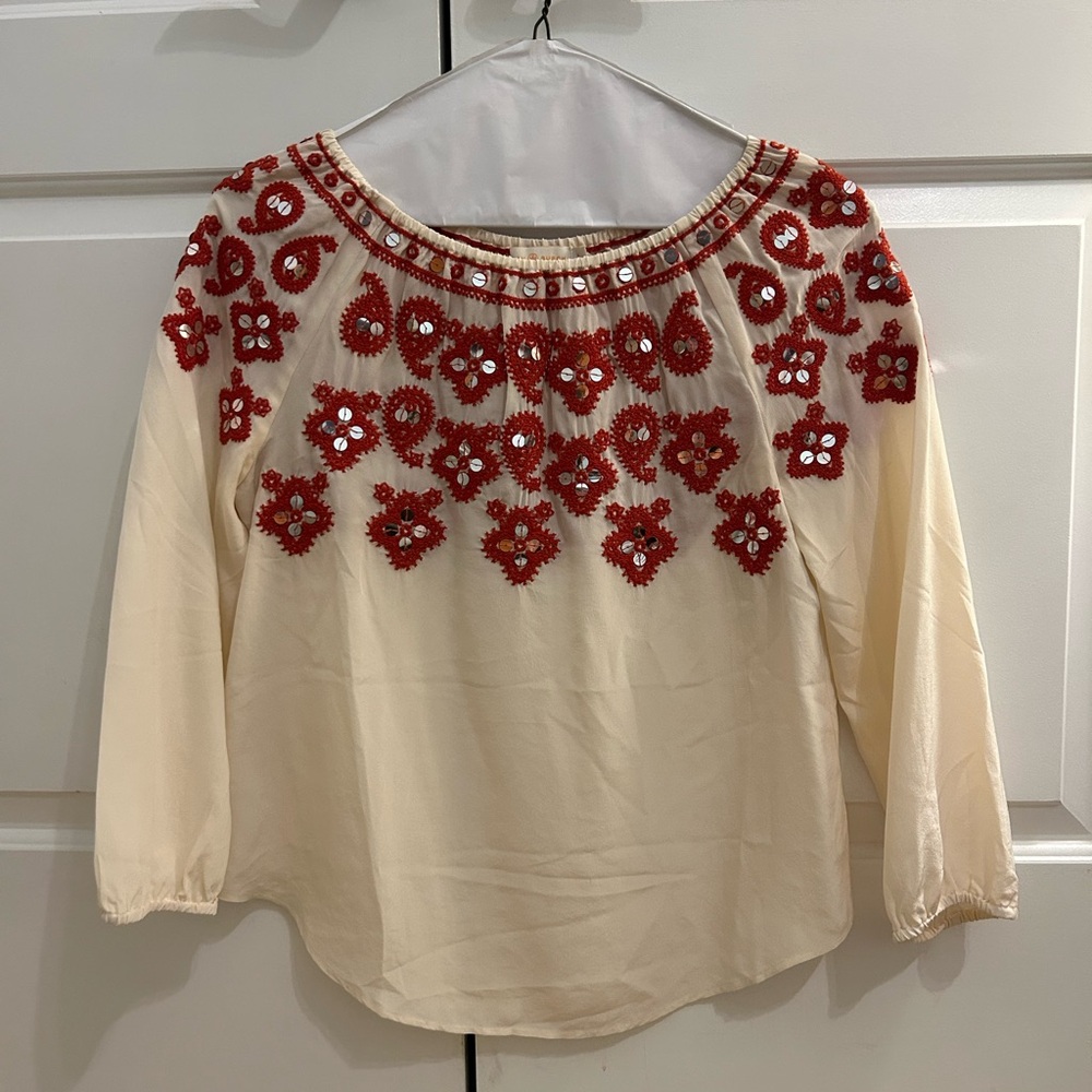 Tory Burch Cream Blouse with Red Floral Embroidery